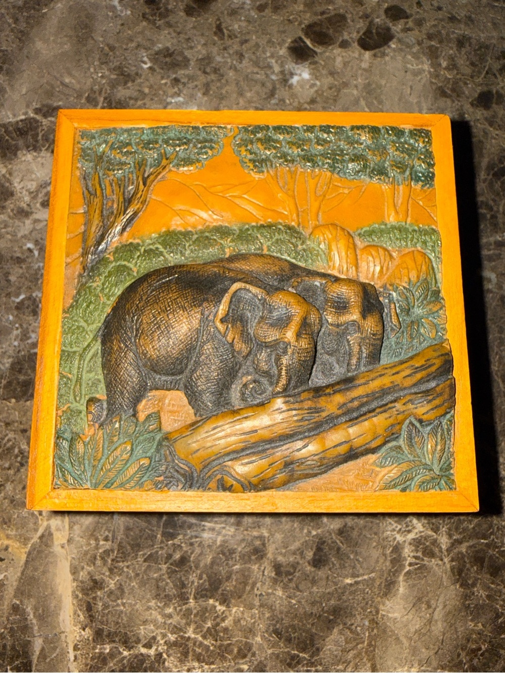 Vintage Elephant Engraved Wooden Box Coaster Holders/ 6 Coasters